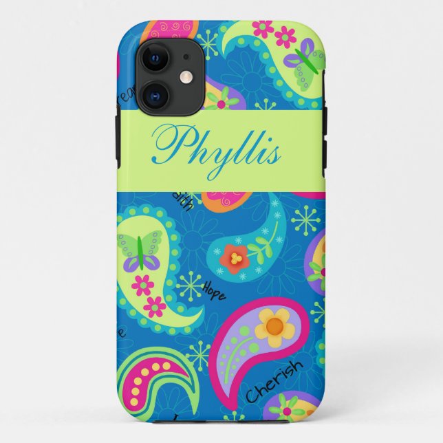 Turquoise Blue Green Modern Paisley Pattern Name Case-Mate iPhone Case (Back)