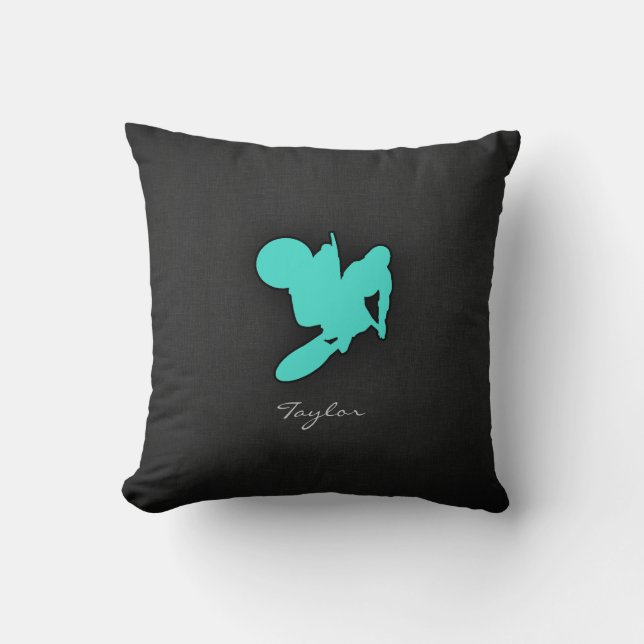 Turquoise; Blue Green Motocross Throw Pillow (Front)