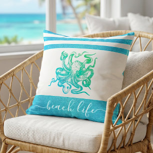Turquoise blue green octopus beach life script  throw pillow