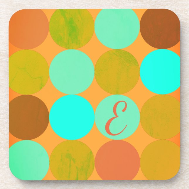 Turquoise Blue Green & Orange Circles Monogram Coaster (Front)