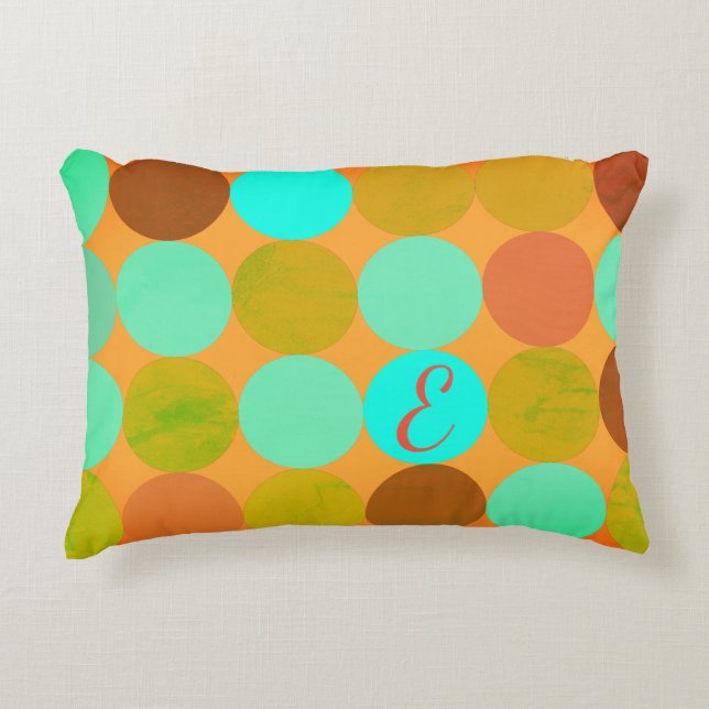 Turquoise Blue Green & Orange Circles Monogram Decorative Pillow (Front)