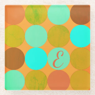 Turquoise Blue Green & Orange Circles Monogram Glass Coaster