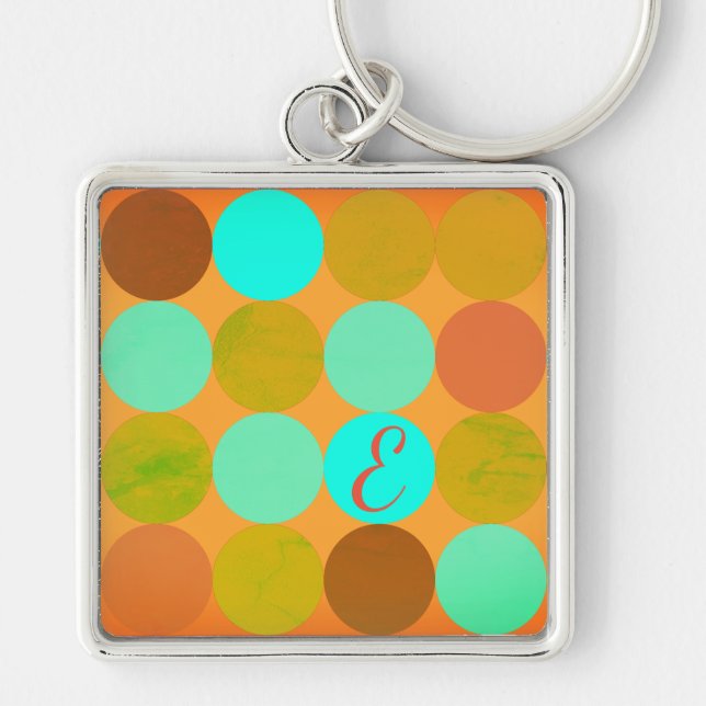 Turquoise Blue Green & Orange Circles Monogram Keychain (Front)