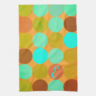 Turquoise Blue Green & Orange Circles Monogram Kitchen Towel
