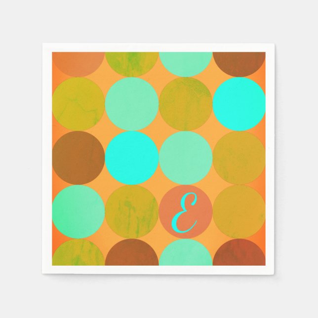 Turquoise Blue Green & Orange Circles Monogram Napkin (Front)