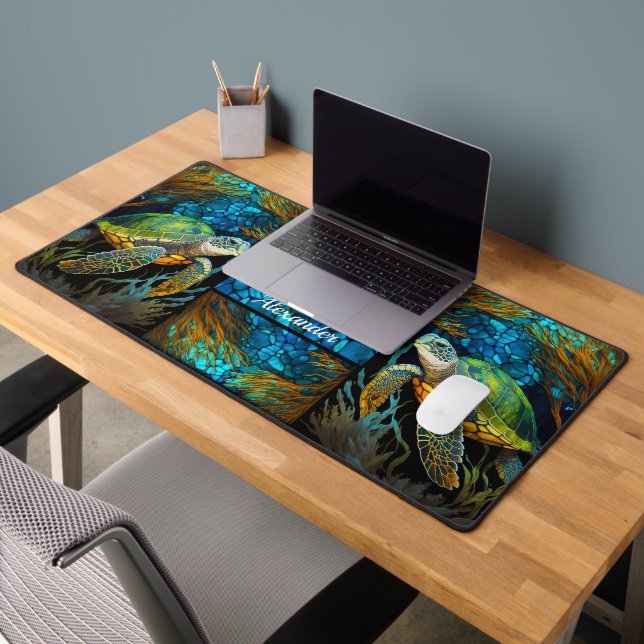 Turquoise Blue Green Sea Turtle Office Desk Mat (Office 2)