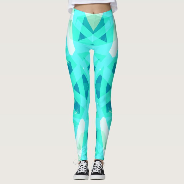 Turquoise Blue Green White Pattern Exercise Gym Leggings (Front)