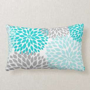 Turquoise Blue Grey Floral Dahlias Mums pillow
