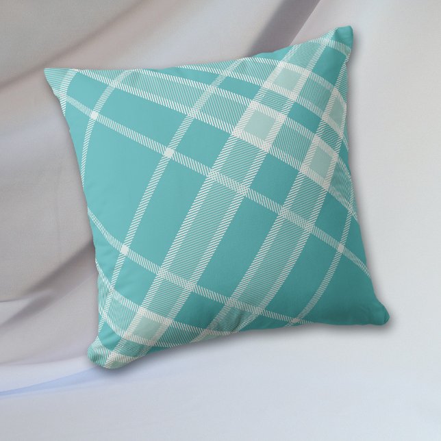Turquoise Blue Grey Tattersall Plaid Throw Pillow (Creator Uploaded)