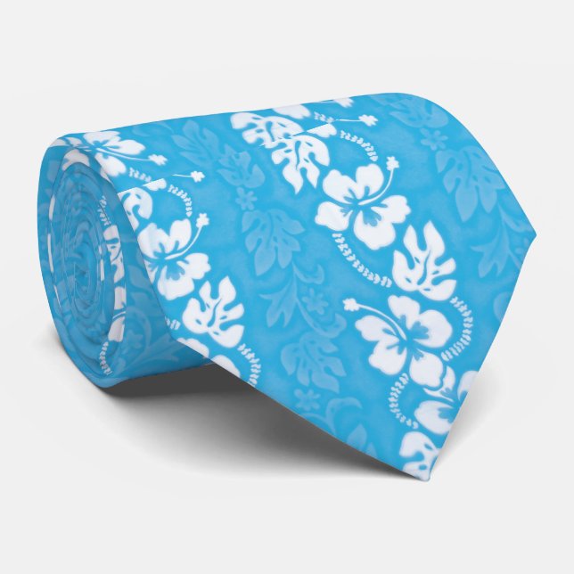 Turquoise Blue Hawaiian Hibiscus Flower Wedding Tie (Rolled)