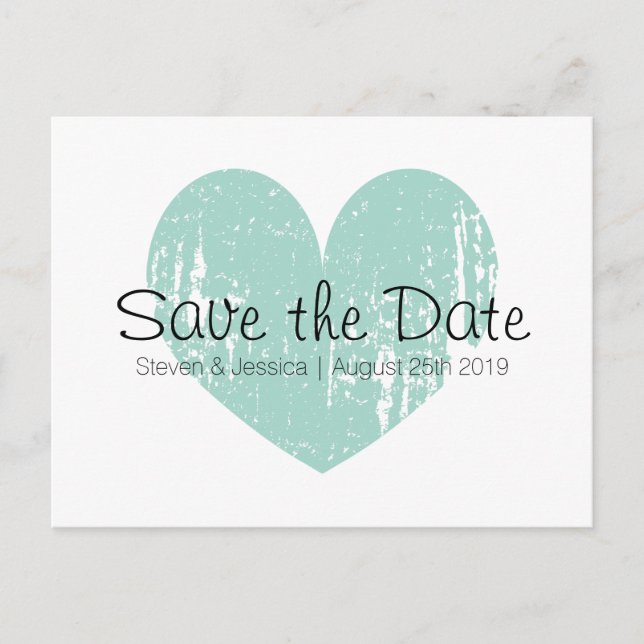 Turquoise blue heart save the date postcards (Front)