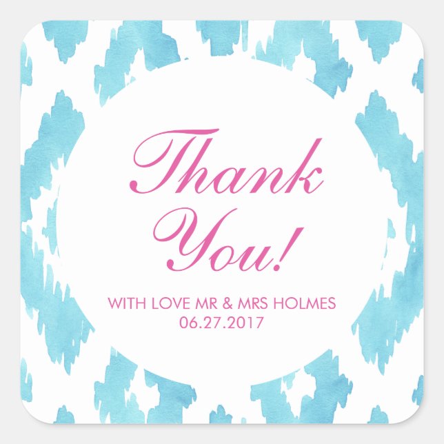 Turquoise Blue Ikat Thank You Square Sticker (Front)