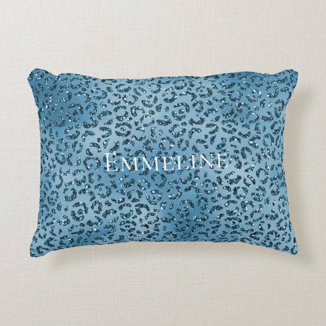 Turquoise Blue Leopard Print Glitter       Accent Pillow (Front)