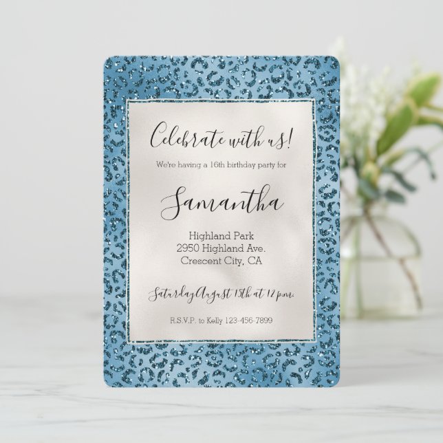 Turquoise Blue Leopard Print Glitter Invitation (Standing Front)