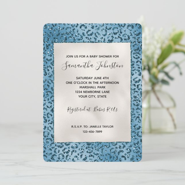 Turquoise Blue Leopard Print Glitter Invitation (Standing Front)