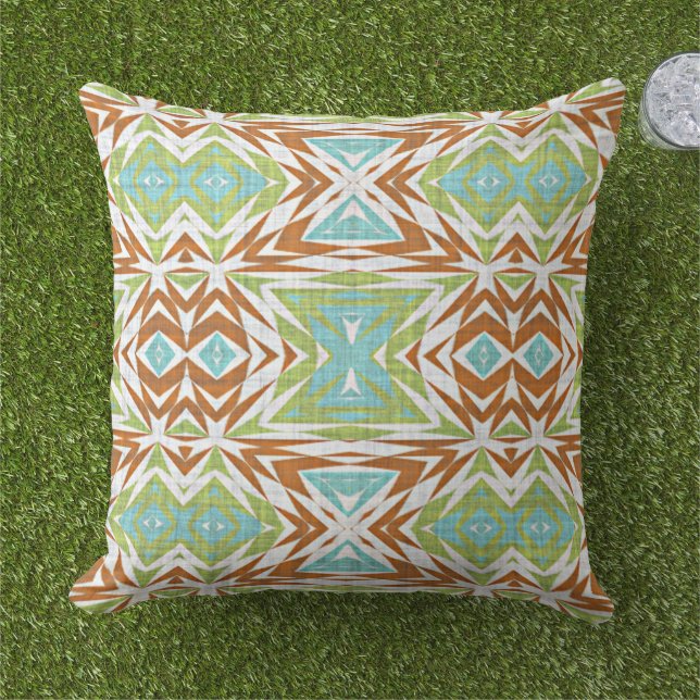 Turquoise Blue Lime Green Orange White Tribal Art Outdoor Pillow (Grass)