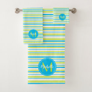 Turquoise blue lime green stripes Name Monogram Bath Towel Set