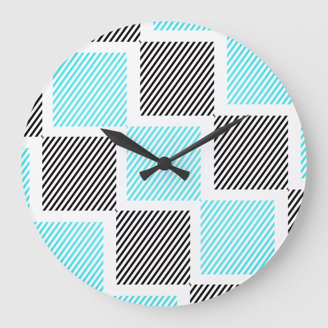 Turquoise Blue Line Squares  Large Clock (Front)