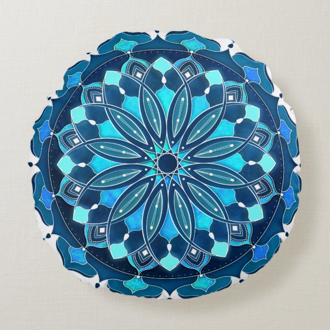 Turquoise Blue Mandala Round Pillow (Front)