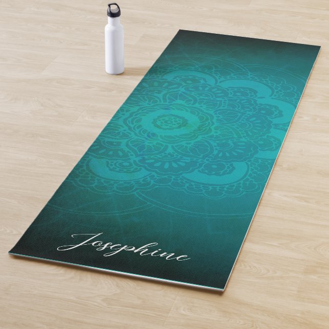 Turquoise blue mandala with name double sided yoga mat (In Situ)