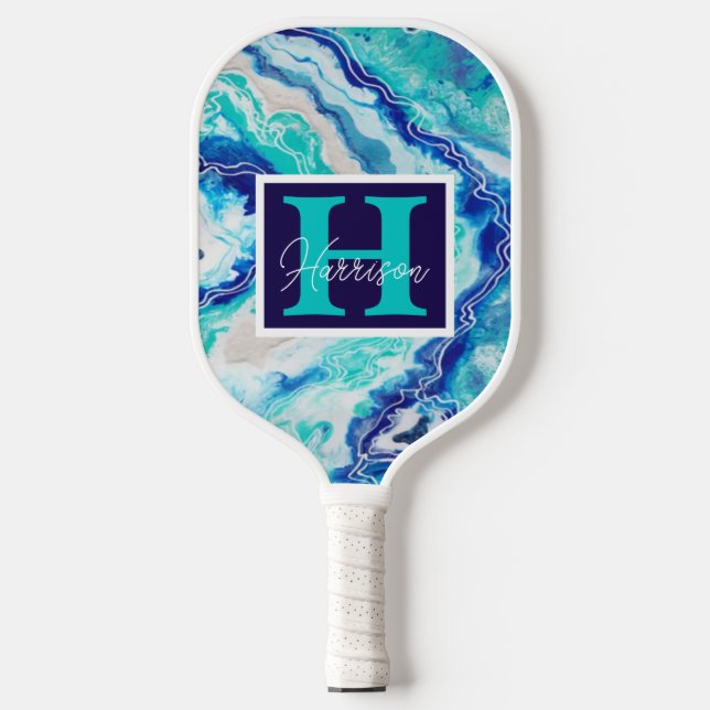 Turquoise Blue Marble Monogram Name Personalized Pickleball Paddle (Front)