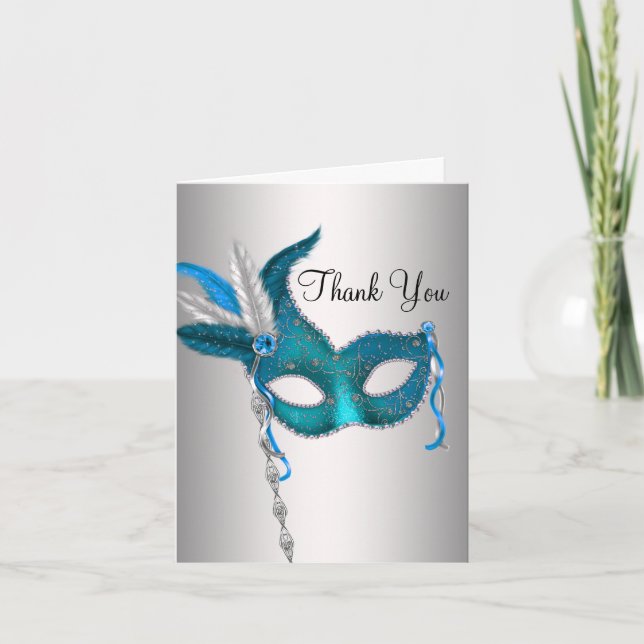 Turquoise Blue Masquerade Party Merci Cartes (Devant)