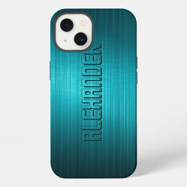 Turquoise-Blue Metal Look Pattern-Monogram 2 iPhone Case (Back)
