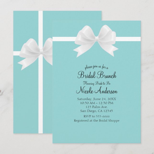 Turquoise Blue Minimal White Bow Bridal Shower Invitation (Front/Back)