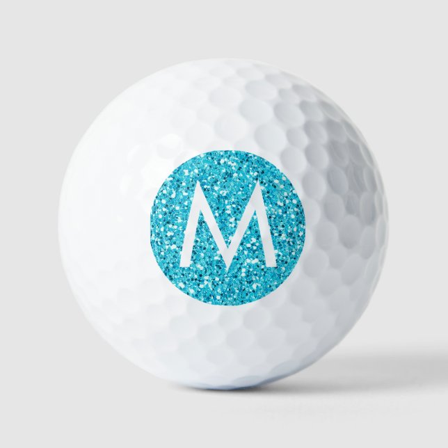 Turquoise Blue Modern Monogram Initial Glitter Golf Balls (Front)