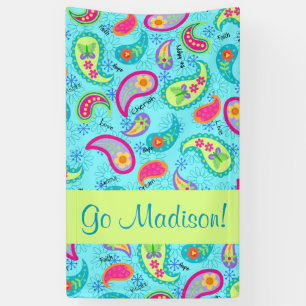 Turquoise Blue Modern Paisley Name Personalized Banner