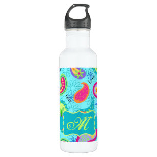 Turquoise Blue Modern Paisley Pattern Monogram 710 Ml Water Bottle