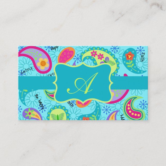 Turquoise Blue Modern Paisley Pattern Monogram Business Card (Front)