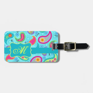 Turquoise Blue Modern Paisley Pattern Monogram Luggage Tag