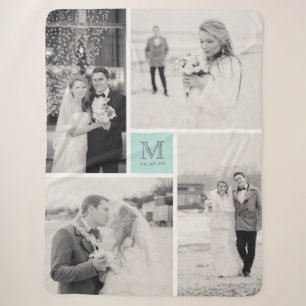 Turquoise Blue Monogram 4 Photo Collage Wedding Sherpa Blanket