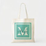 Turquoise blue monogram wedding party tote bags<br><div class="desc">Custom turquoise blue monogrammed wedding party tote bags. Personalized name monogram tote bag | Customizable colour background. Elegant logo design with letter initials and fancy border frame. Cute vintage gift idea for bride and brides entourage. Make your own for trendy bridesmaid, maid of honour, flower girls, mother of the bride,...</div>