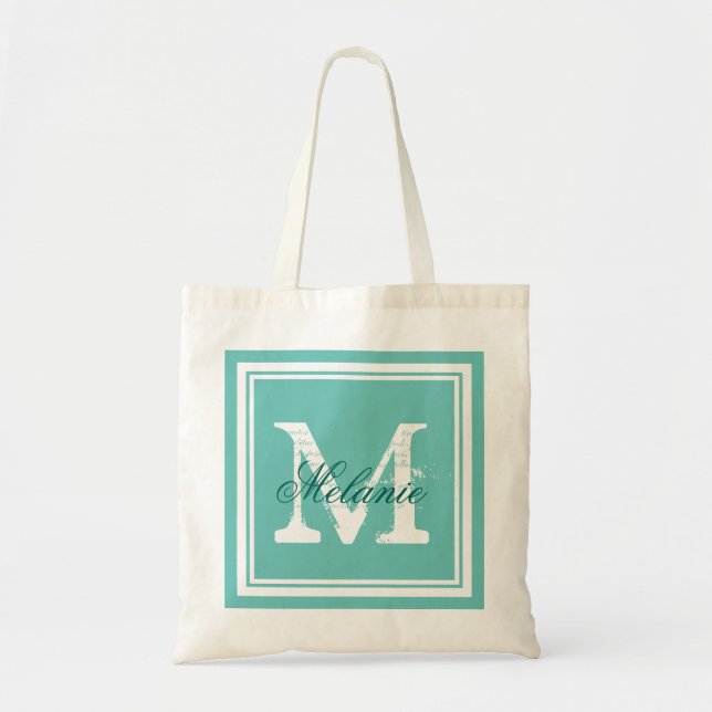 Turquoise blue monogram wedding party tote bags (Front)