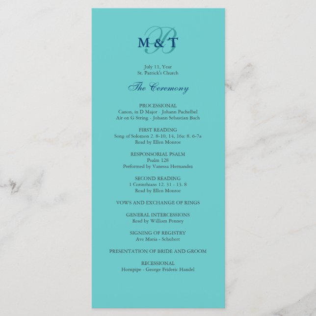 Turquoise Blue Monogram Wedding Program (Front)