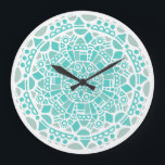 Turquoise Blue Mosaic Fresh White Boho Mandala Large Clock<br><div class="desc">Beautiful clock with an original turquoise blue and grey mosaic style boho bohemian mandala on a white background.</div>