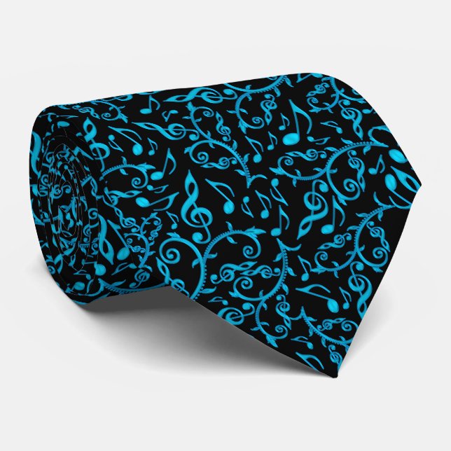 Turquoise Blue Music Notes Tie (Rolled)