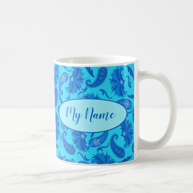 Turquoise Blue Name Personalized Paisley Coffee Coffee Mug (Right)