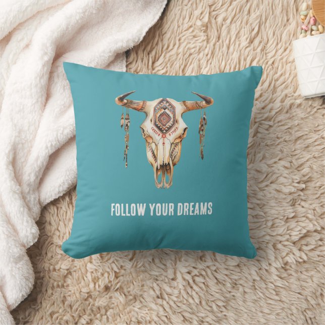 Turquoise Blue Native Tribal Bull Horns Skull  Throw Pillow (Blanket)