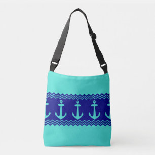 Turquoise Blue Nautical Anchor Coastal Stripes Crossbody Bag
