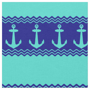Turquoise Blue Nautical Anchor Coastal Stripes Fabric