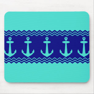 Turquoise Blue Nautical Anchor Coastal Stripes Mouse Pad