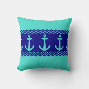 Turquoise Blue Nautical Anchor Coastal Stripes Throw Pillow