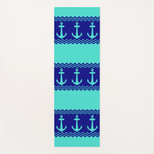 Turquoise Blue Nautical Anchor Coastal Stripes Yoga Mat
