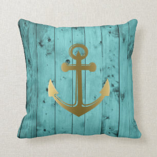 Turquoise Blue Nautical Anchor Wood Teal Gold Throw Pillow