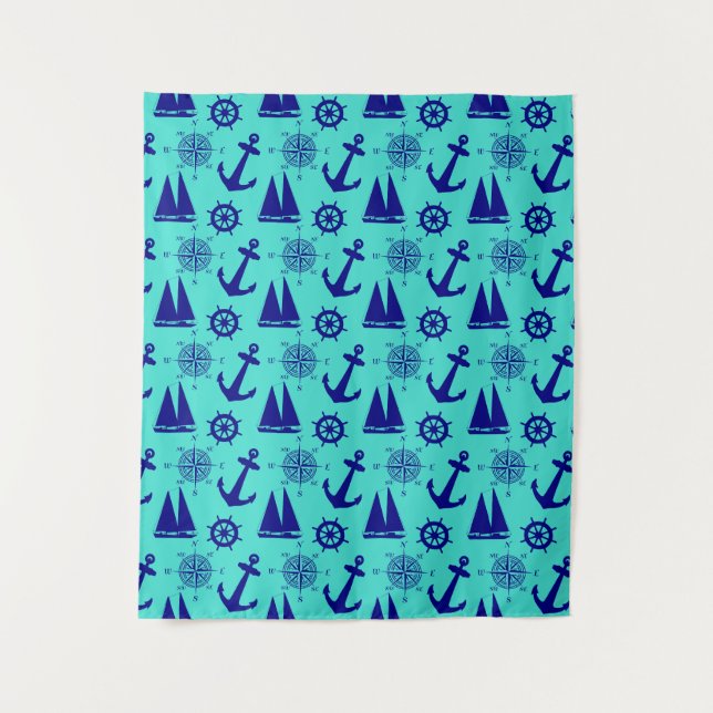 Turquoise Blue Nautical Coastal Boating Tapestry (Front)