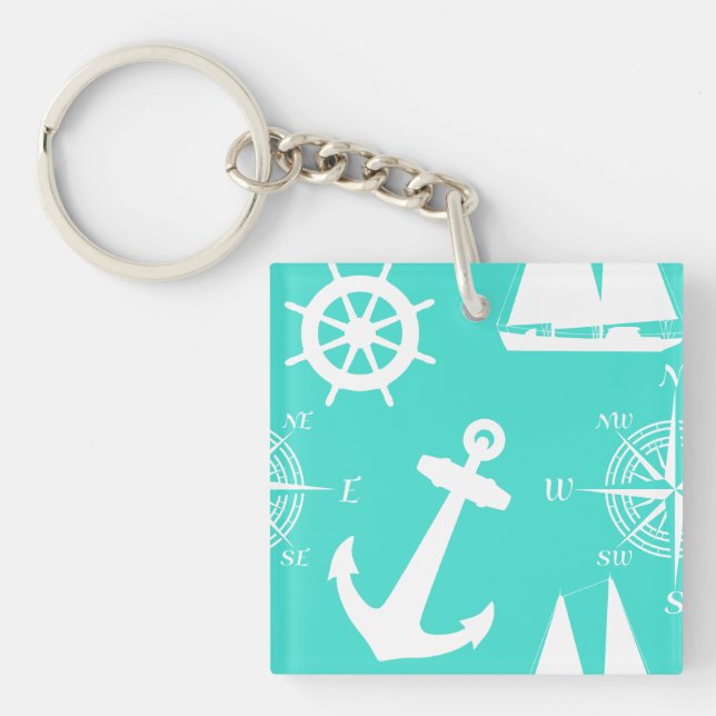 Turquoise Blue Nautical Pattern Keychain (Front)