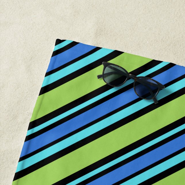 Turquoise Blue Neon Green Black Deckchair Stripes Beach Towel (In Situ)